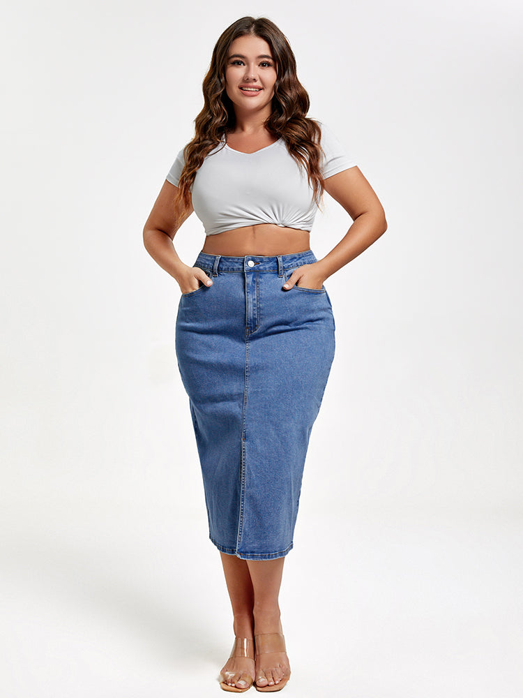 VIP Plus Blue Slit Front Denim Skirt