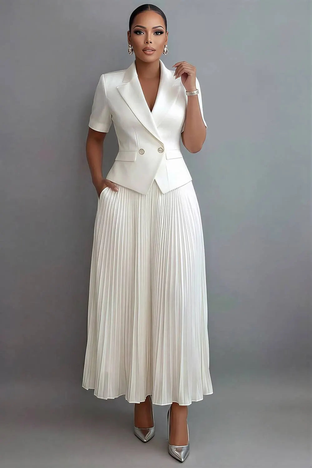 Xpluswear Design Plus Size Formal Chiffon White Turndown Collar Short Sleeve Pleated Pocket Satin Two Piece Skirt Sets