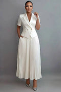 Xpluswear Design Plus Size Formal Chiffon White Turndown Collar Short Sleeve Pleated Pocket Satin Two Piece Skirt Sets