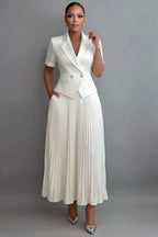 Xpluswear Design Plus Size Formal Chiffon White Turndown Collar Short Sleeve Pleated Pocket Satin Two Piece Skirt Sets