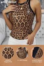 Plus Size Party Khaki Leopard Round Neck Sequin Tank Tops