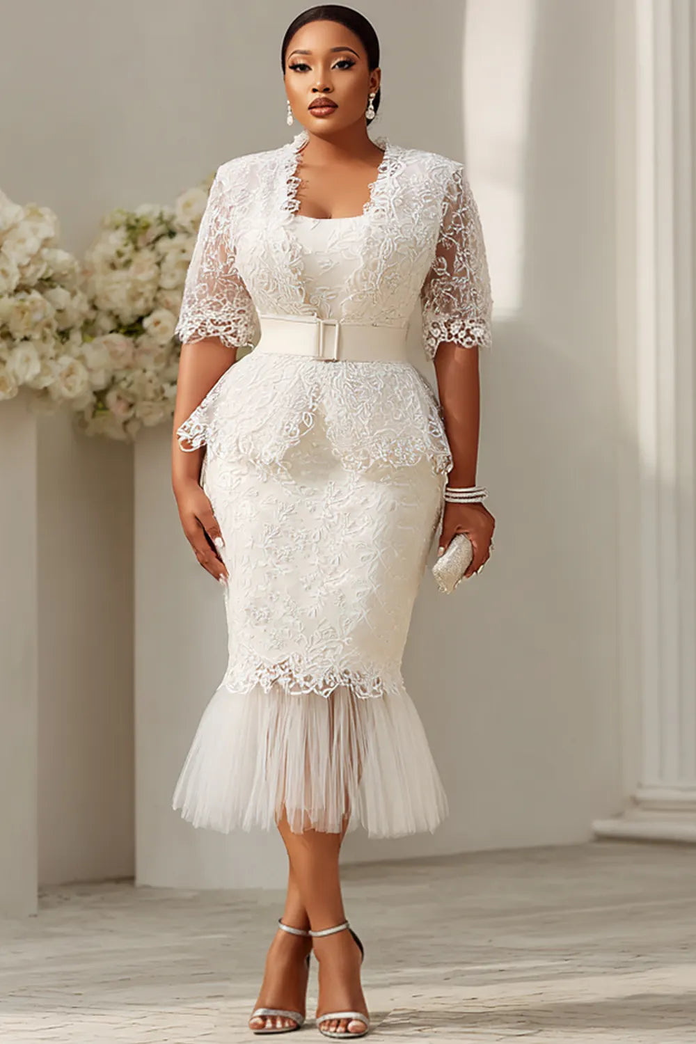 Xpluswear Design Plus Size Formal White Short Sleeve Mermaid See Through Lace Two Piece Dress Set
