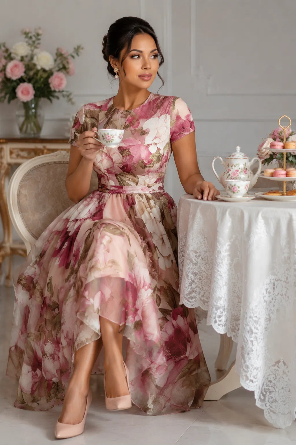 Xpluswear Design Plus Size Wedding Guest Pink Floral Round Neck Short Sleeve Pocket See Through Chiffon Midi Dresses