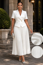 Xpluswear Design Plus Size Formal Chiffon White Turndown Collar Short Sleeve Pleated Pocket Satin Two Piece Skirt Sets