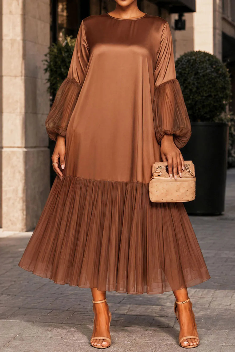 Xpluswear Design Plus Size Business Casual Chiffon Brown Round Neck Lantern Sleeve Long Sleeve Pleated Contrast Satin Maxi Dresses