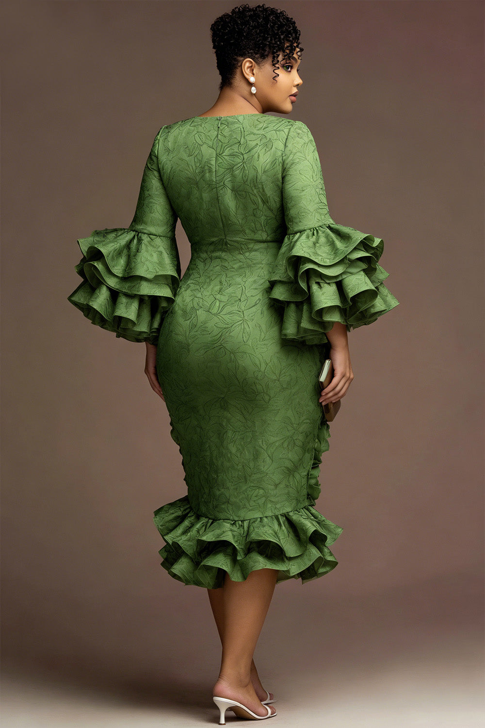 Xpluswear Design Plus Size Formal Green Round Neck Flare 3/4 Sleeve 3D Ruffle Satin Midi Dresses