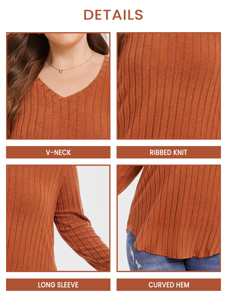 V-Neck Curved Hem Ribbed Knit Tee
