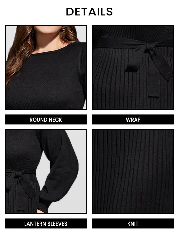 VIP Plus Black Solid Tie Lantern Sleeves Midi Knit Dress