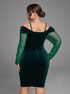 Contrast Mesh Cold Shoulder V Neck Velvet Dress