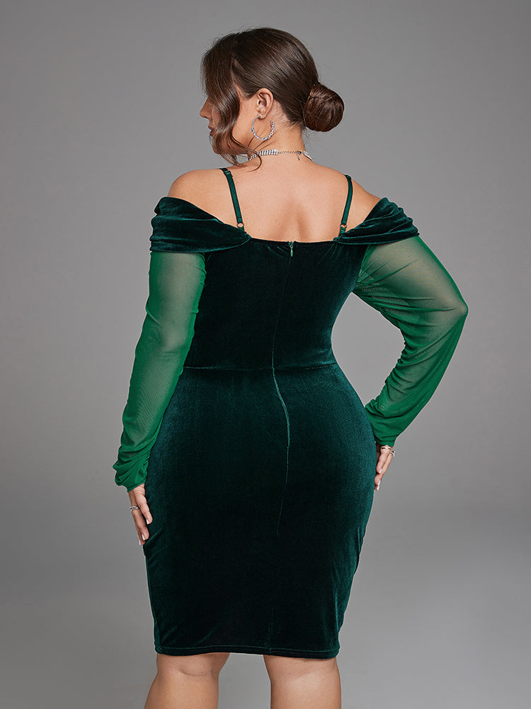Contrast Mesh Cold Shoulder V Neck Velvet Dress