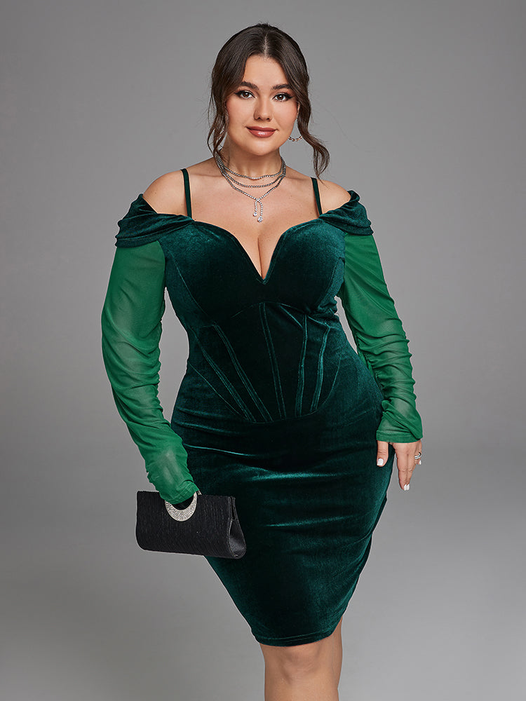 Contrast Mesh Cold Shoulder V Neck Velvet Dress