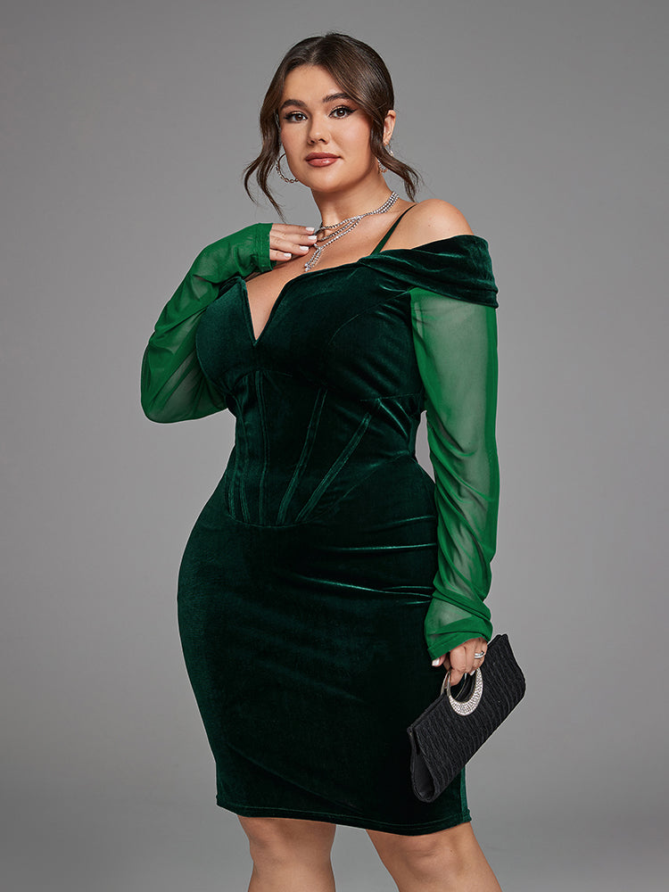 Contrast Mesh Cold Shoulder V Neck Velvet Dress