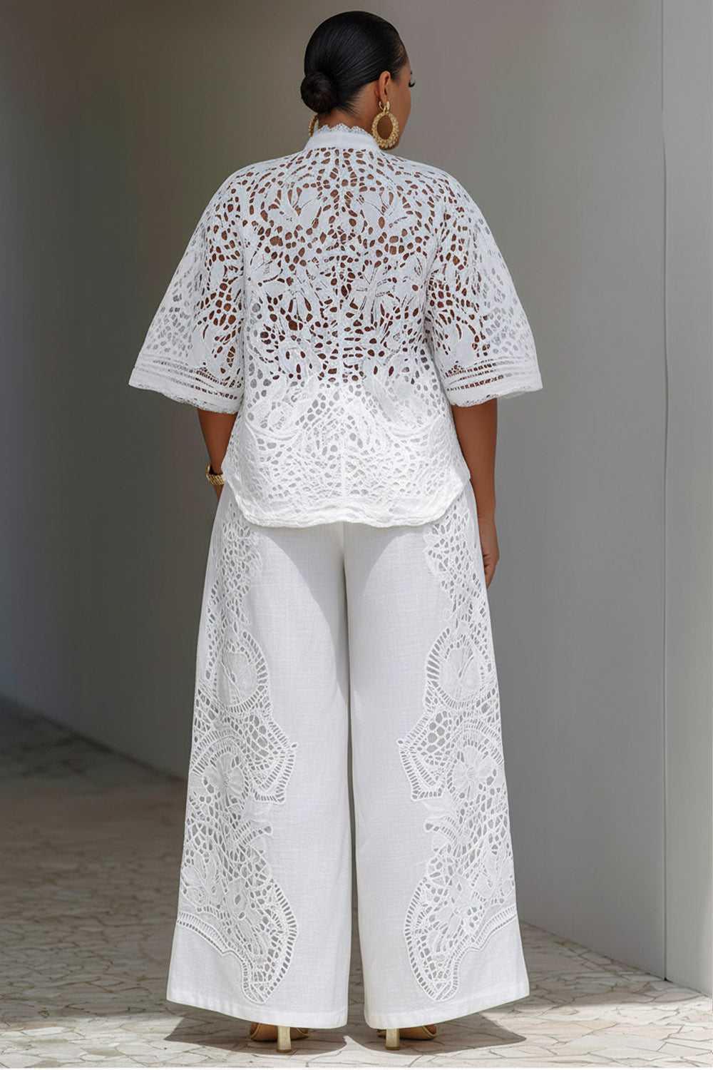 Xpluswear Design Plus Size Vacation White Stand-Up Collar Flare Half Sleeve Cut Out Pocket Guipure Lace Two Piece Pant Sets