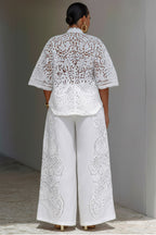 Xpluswear Design Plus Size Vacation White Stand-Up Collar Flare Half Sleeve Cut Out Pocket Guipure Lace Two Piece Pant Sets