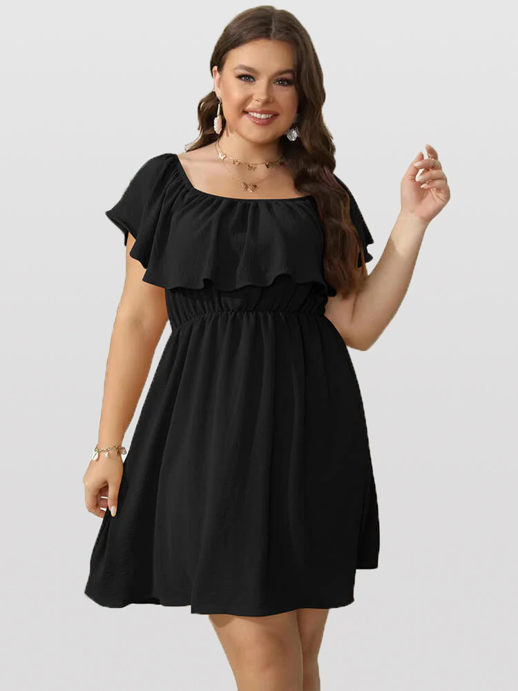 VIP Plus Plain Off Shoulder Ruffle Elastic Waist Dress