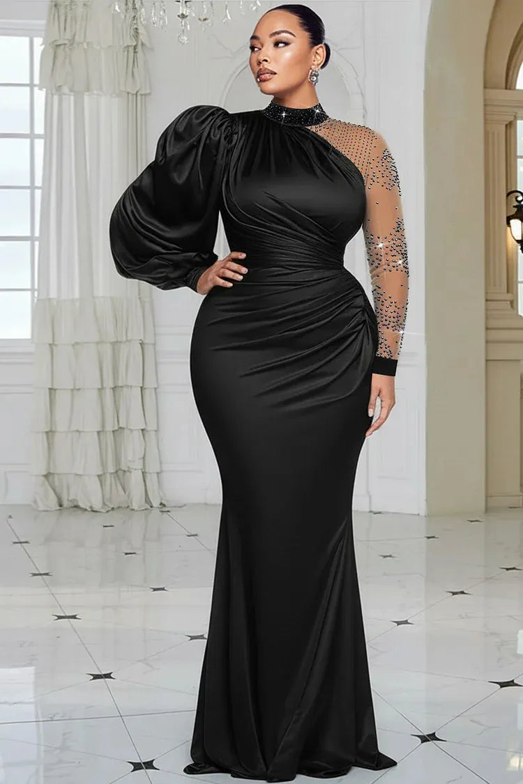 Xpluswear Design Plus Size Formal Blue Mock Neck Lantern Sleeve Long Sleeve Drilling Elegant See Through Tulle Satin Maxi Dresses