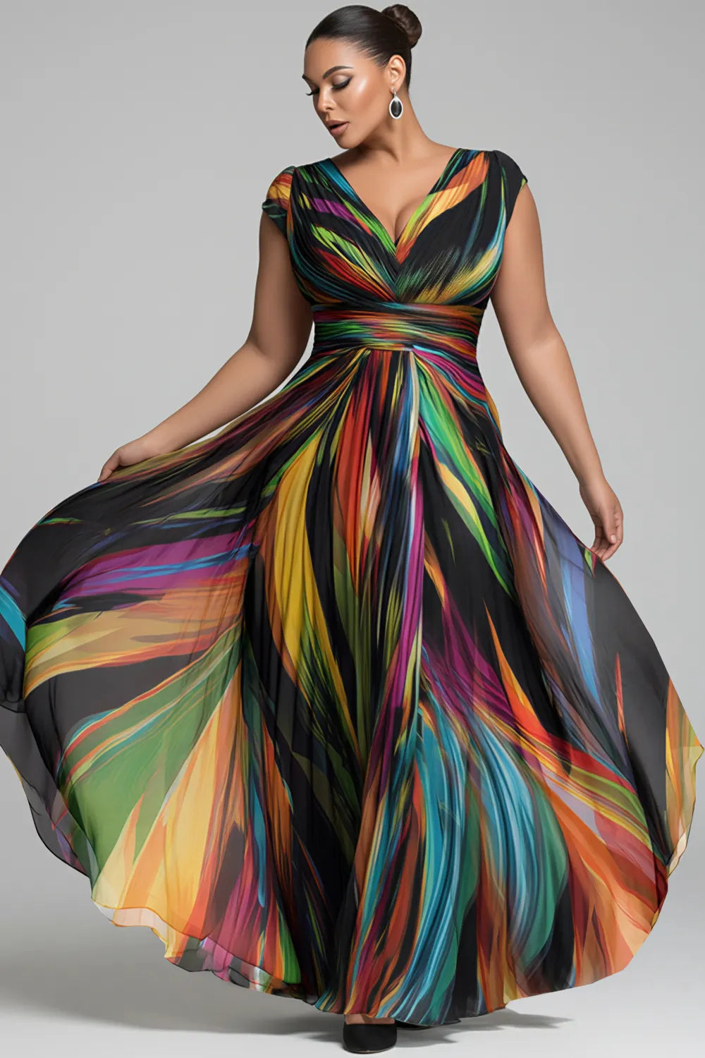 Xpluswear Design Plus Size Formal Elegant Multicolor Colorblock V Neck Short Sleeve Chiffon Maxi Dresses