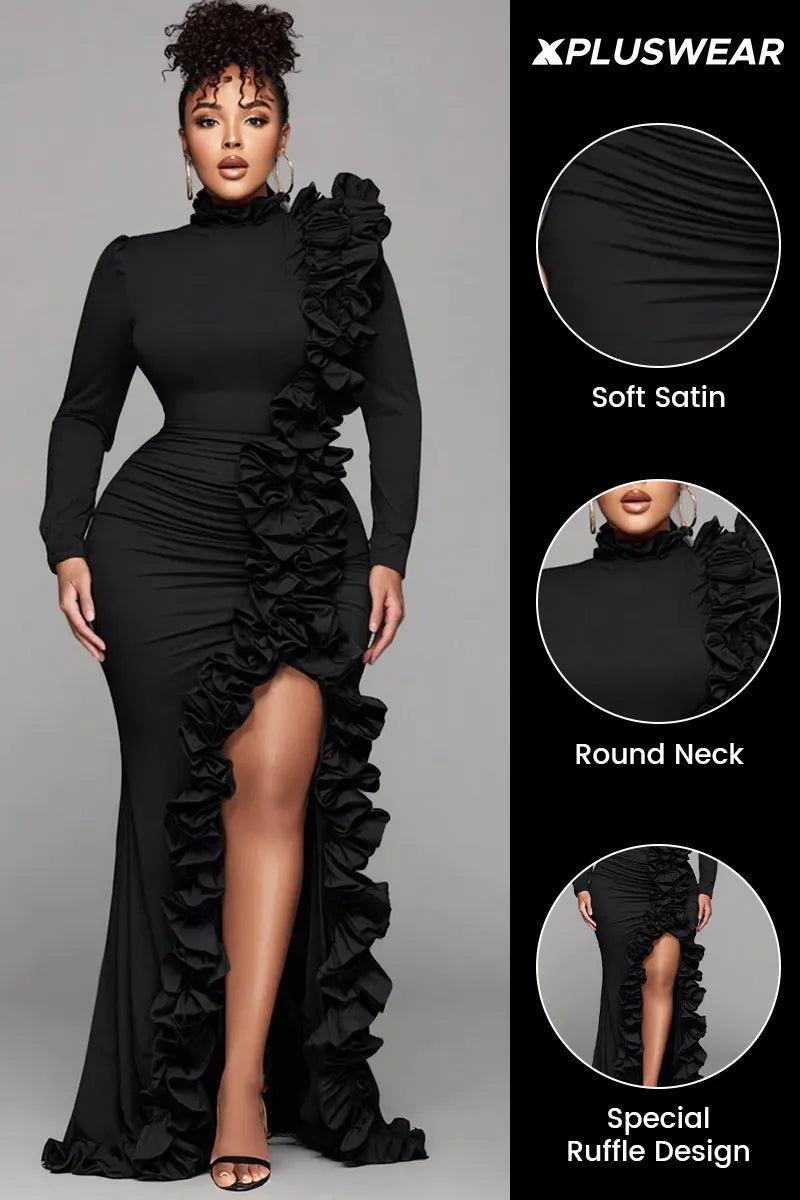 Xpluswear Design Plus Size Formal Black Round Neck Long Sleeve Split Elegant Ruffle 3D Satin Maxi Dresses