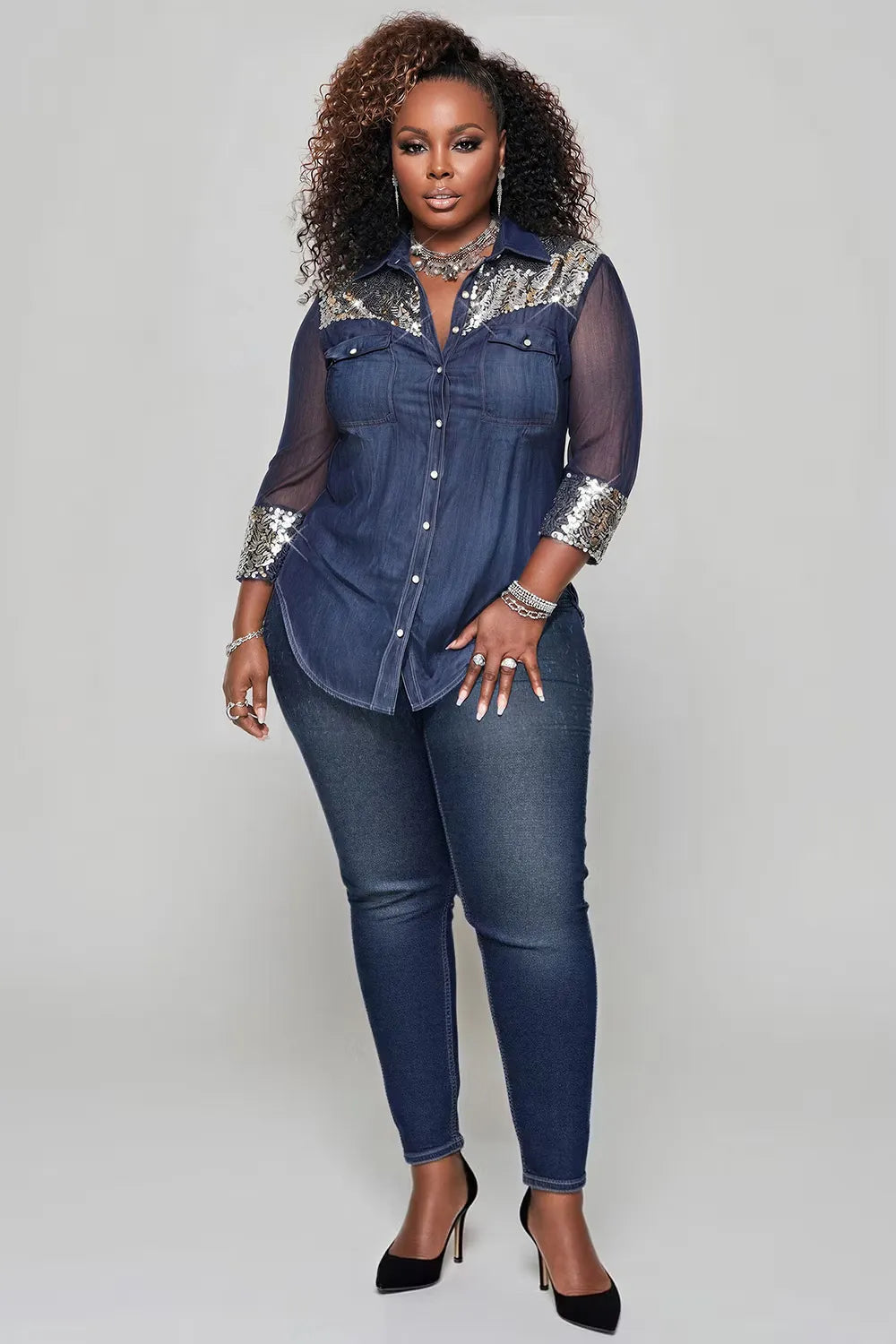 Xpluswear Design Plus Size Party Tulle Blue Shirt Collar 3/4 Sleeve See Through Tencel Denim Blouses