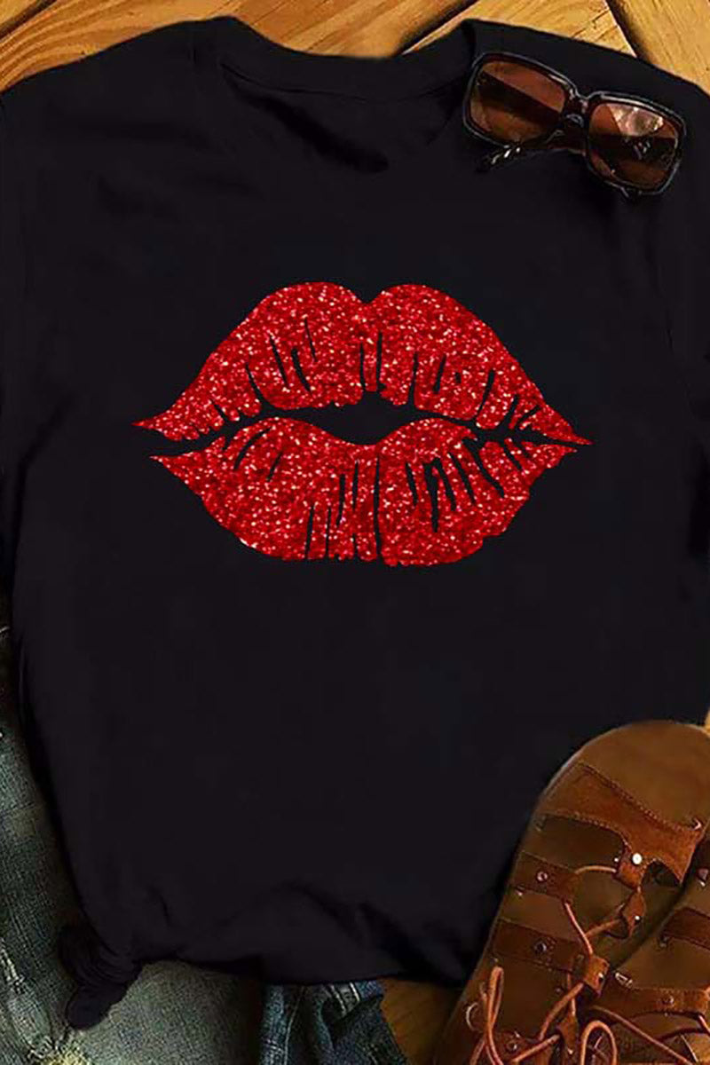 Plus Size Black Casual Lips Print Basic T-Shirts