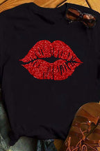 Plus Size Black Casual Lips Print Basic T-Shirts