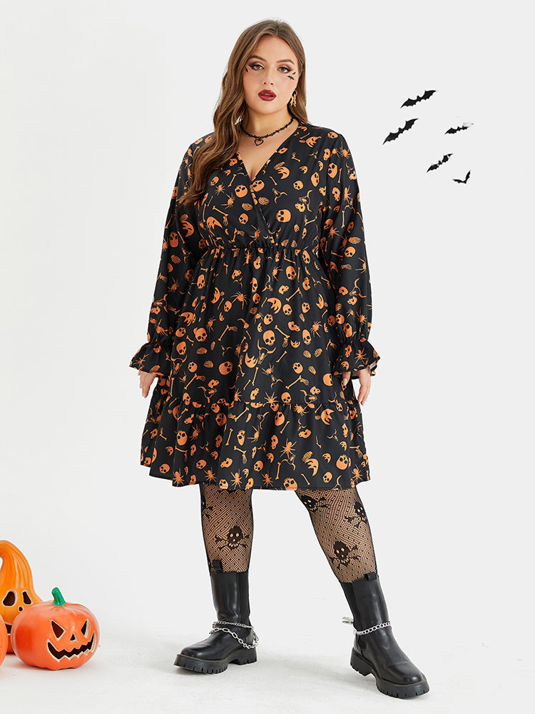 Halloween Skull Print Flounce Sleeve Pocket Midi Dress