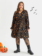 Halloween Skull Print Flounce Sleeve Pocket Midi Dress