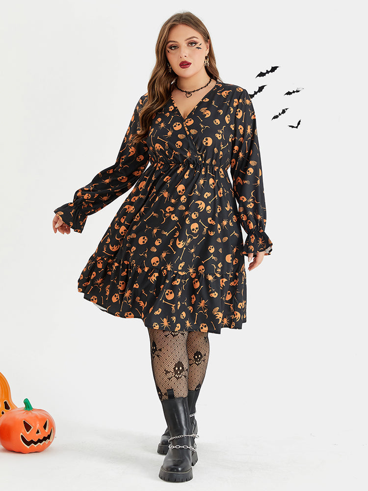 Halloween Skull Print Flounce Sleeve Pocket Midi Dress