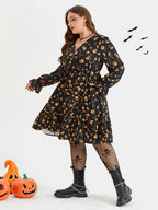 Halloween Skull Print Flounce Sleeve Pocket Midi Dress