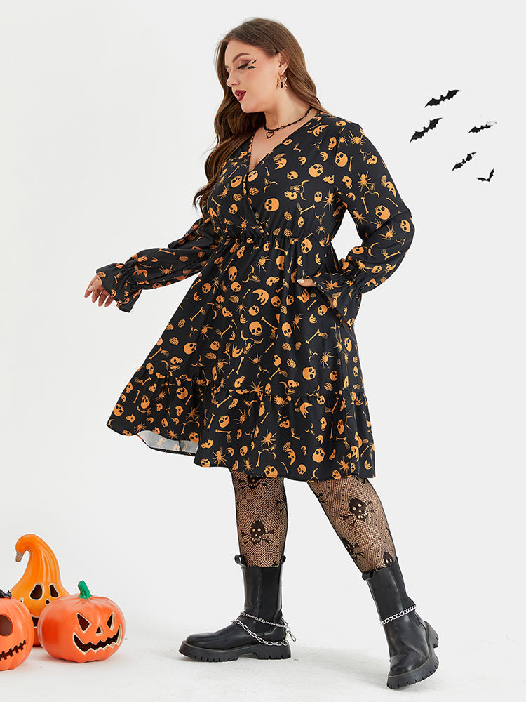 Halloween Skull Print Flounce Sleeve Pocket Midi Dress