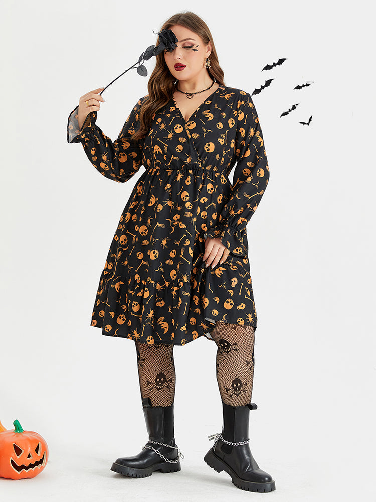 Halloween Skull Print Flounce Sleeve Pocket Midi Dress