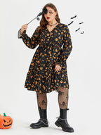 Halloween Skull Print Flounce Sleeve Pocket Midi Dress