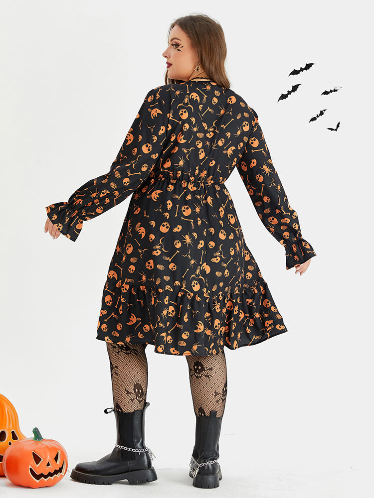 Halloween Skull Print Flounce Sleeve Pocket Midi Dress