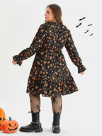 Halloween Skull Print Flounce Sleeve Pocket Midi Dress