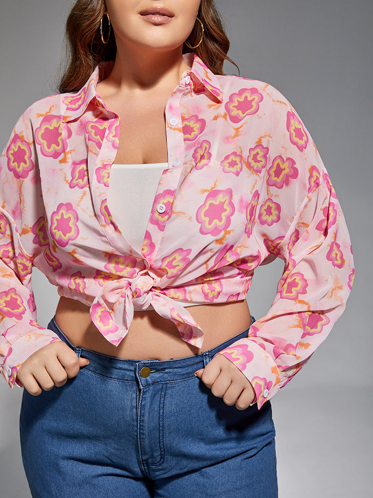 Plus Pink Floral Drop Shoulder Mesh Blouse Without Vest