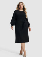 VIP Plus Black Solid Tie Lantern Sleeves Midi Knit Dress