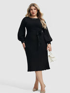 VIP Plus Black Solid Tie Lantern Sleeves Midi Knit Dress