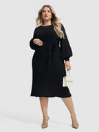 VIP Plus Black Solid Tie Lantern Sleeves Midi Knit Dress