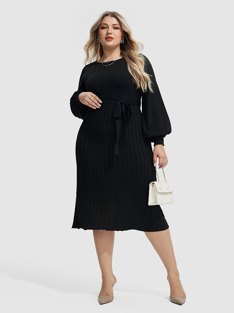 VIP Plus Black Solid Tie Lantern Sleeves Midi Knit Dress