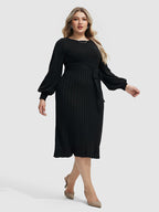 VIP Plus Black Solid Tie Lantern Sleeves Midi Knit Dress