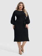 VIP Plus Black Solid Tie Lantern Sleeves Midi Knit Dress