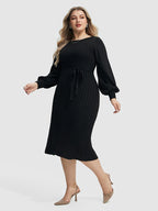 VIP Plus Black Solid Tie Lantern Sleeves Midi Knit Dress