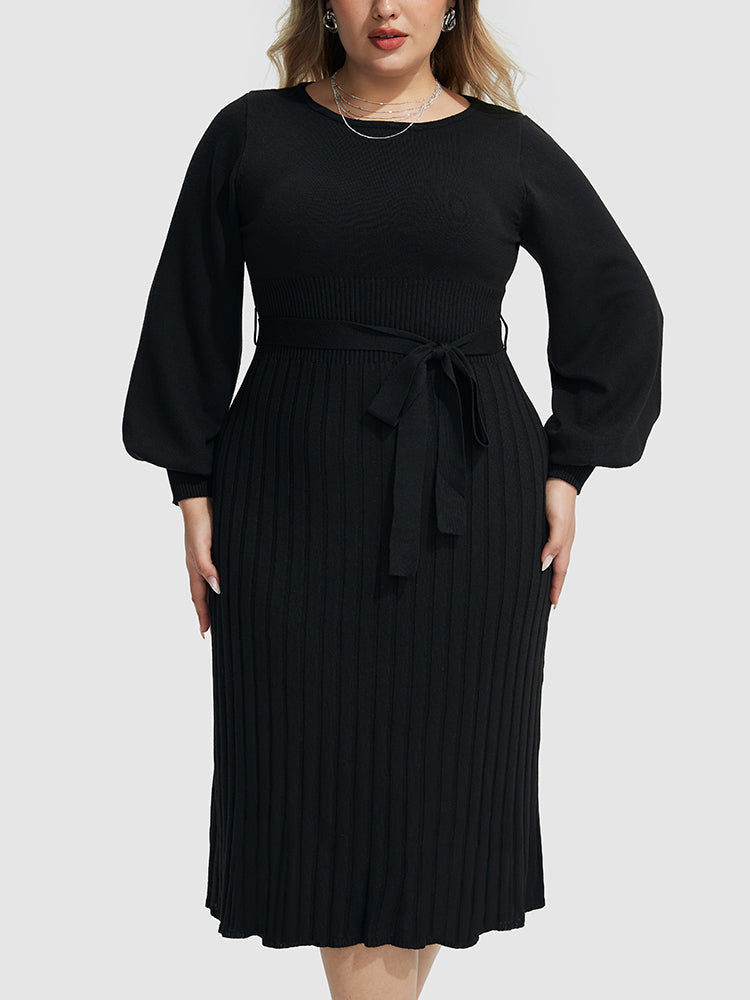 VIP Plus Black Solid Tie Lantern Sleeves Midi Knit Dress