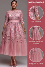 Xpluswear Design Plus Size Formal Tulle Pink Round Neck 3/4 Sleeve Pleated Sequin Midi Dresses