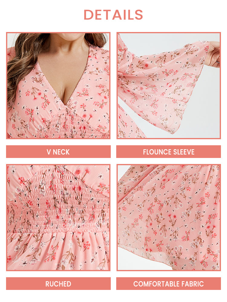 VIP Plus Floral V Neck Ruched Ruffle Short Dress