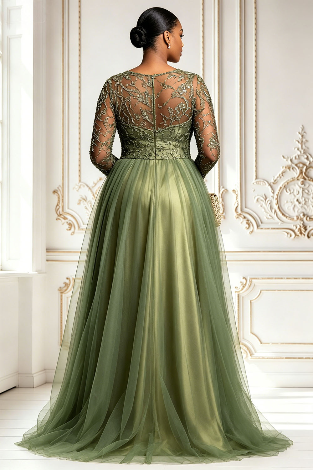 Xpluswear Design Plus Size Formal Tulle Sage Green Round Neck Long Sleeve Split Contrast Satin Maxi Dresses