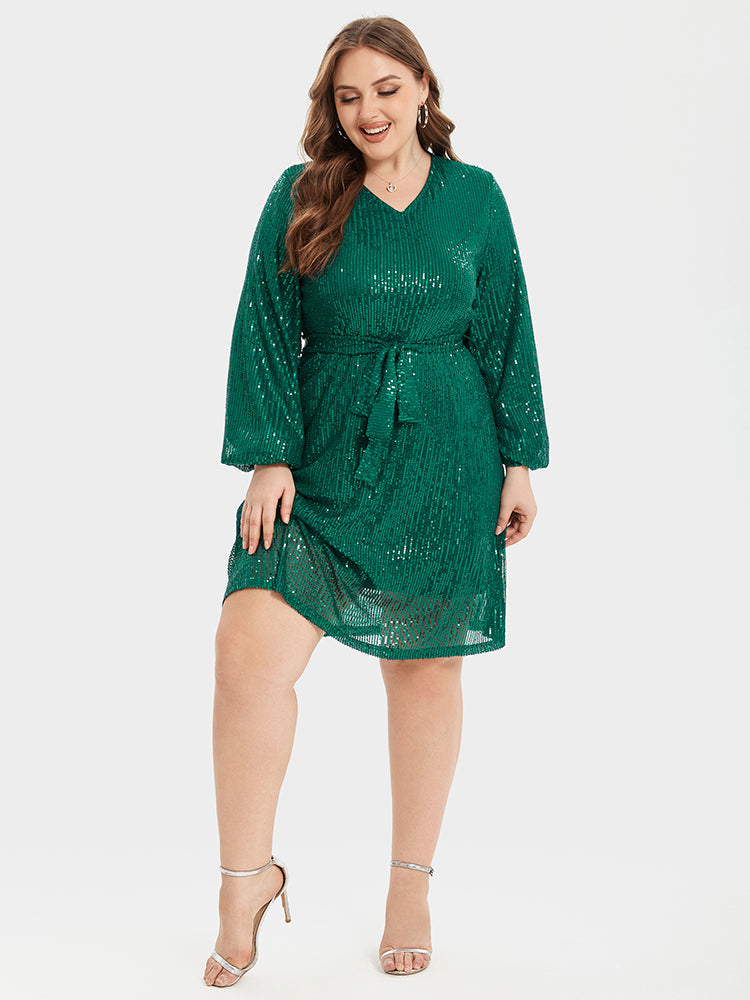 VIP V-Neck Lantern Sleeve Belted Sequin Party Dress