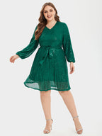 VIP V-Neck Lantern Sleeve Belted Sequin Party Dress