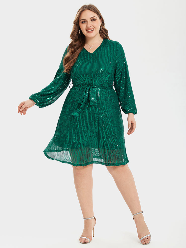 VIP V-Neck Lantern Sleeve Belted Sequin Party Dress