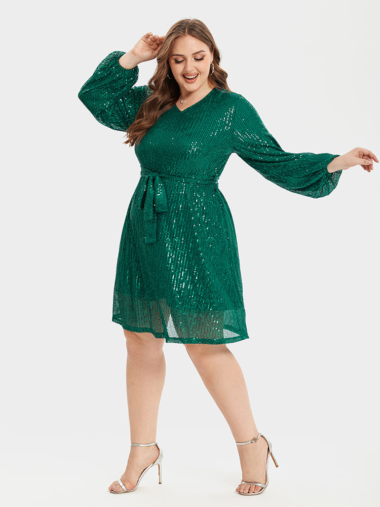 VIP V-Neck Lantern Sleeve Belted Sequin Party Dress